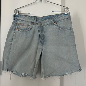 Asymmetrical crisscross long denim shorts from Asos